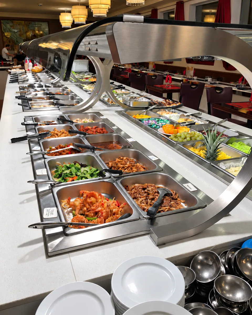 Hot buffet trays: fried prawns, beef with onions, stir-fried broccoli.