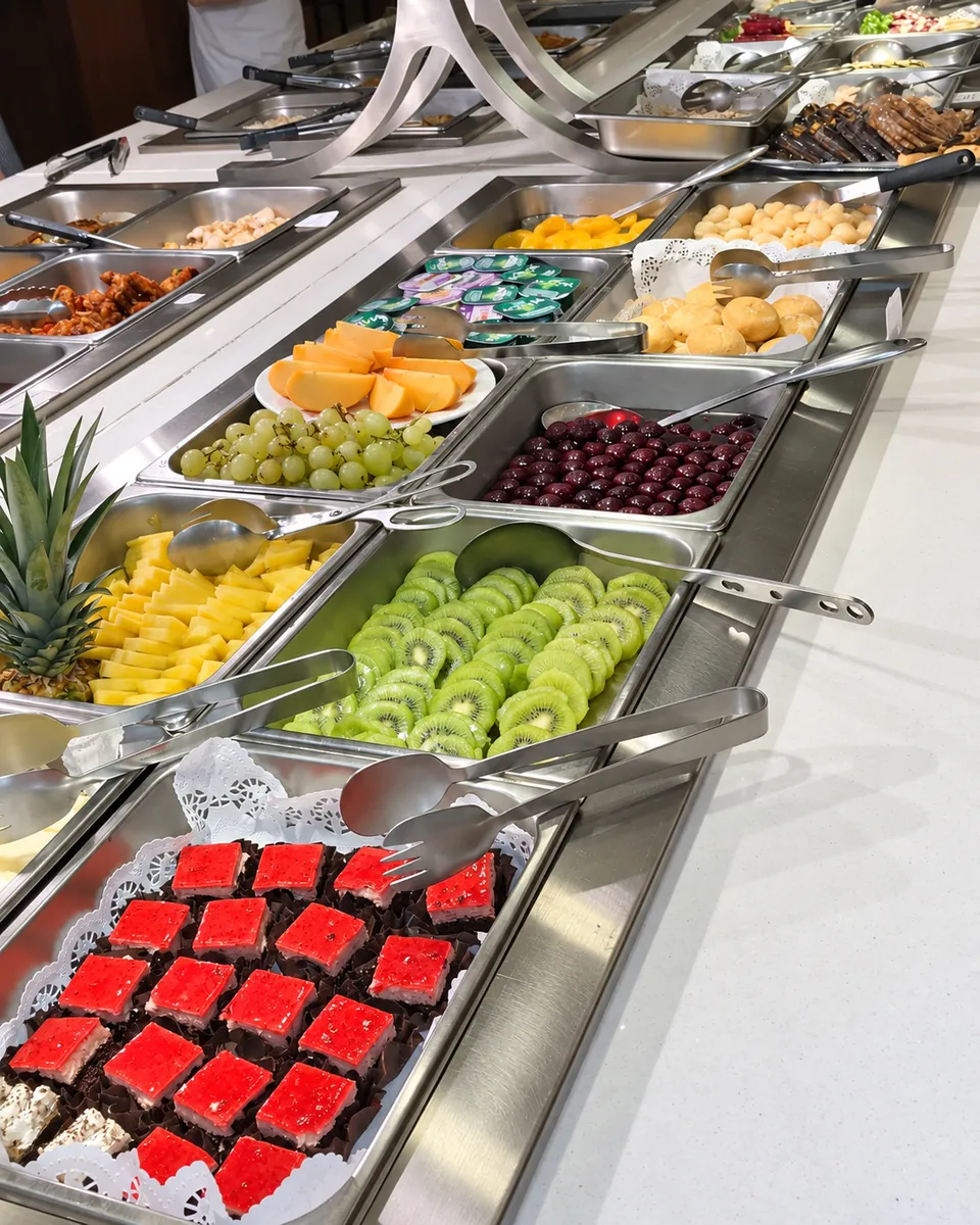 Dessert station: little red cakes, kiwi slices, pineapple, grapes.