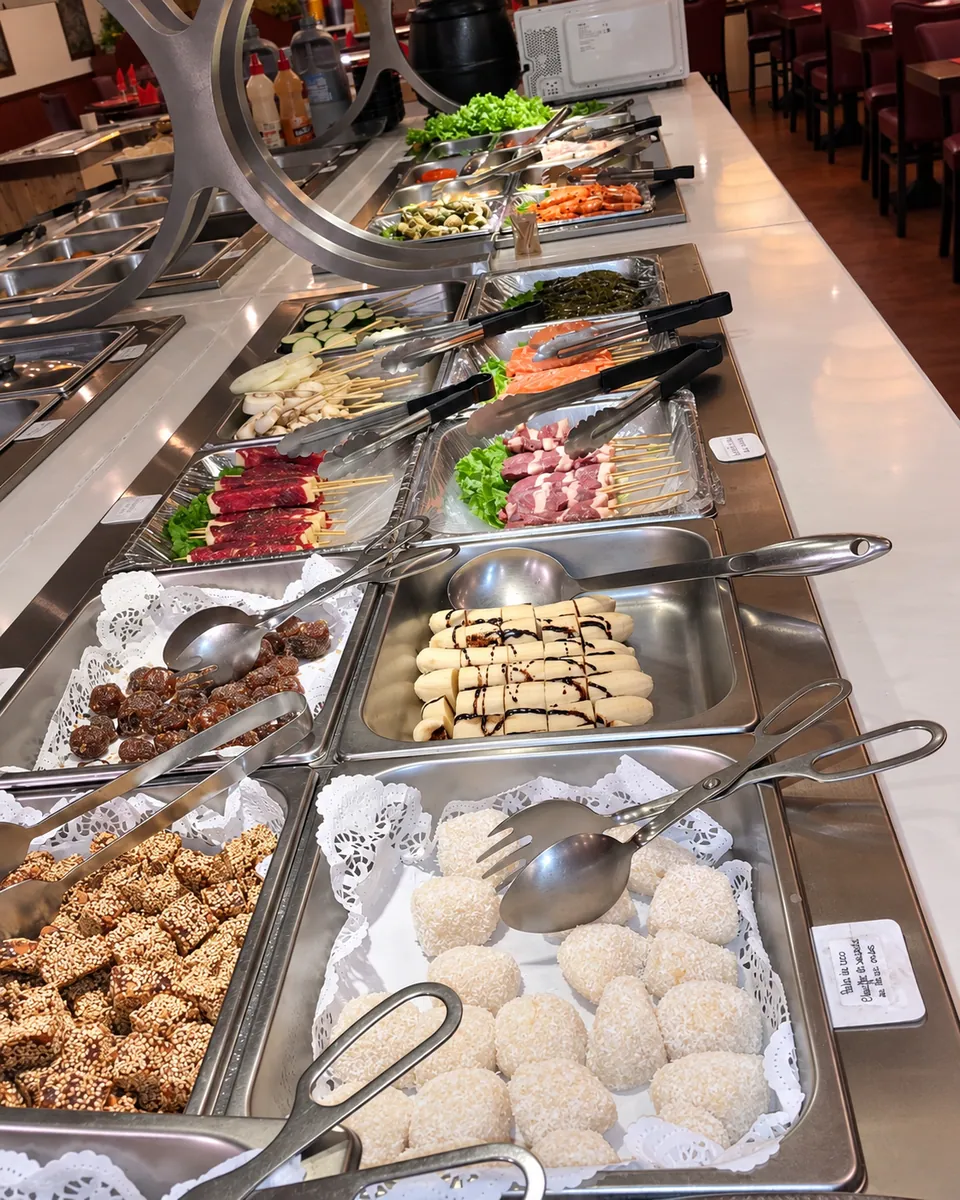 Buffet trays: beef and pork skewers, coconut balls, sesame cakes.